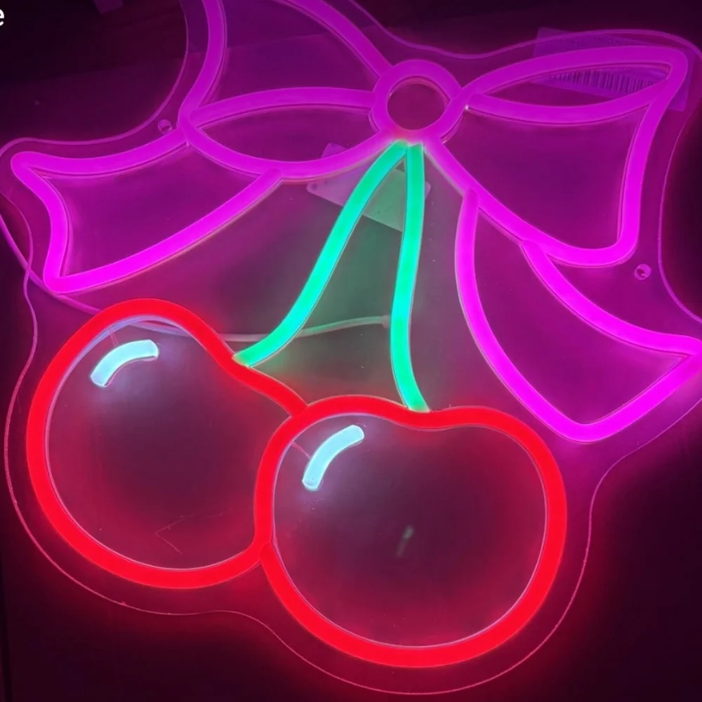 Neon Bow and Cherry Light Sign - Pink and Red